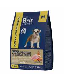 Корм сухой "Brit Premium" для щенков и молодых собак ср. пород ,курица, Puppy and Junior Medium,8 кг
